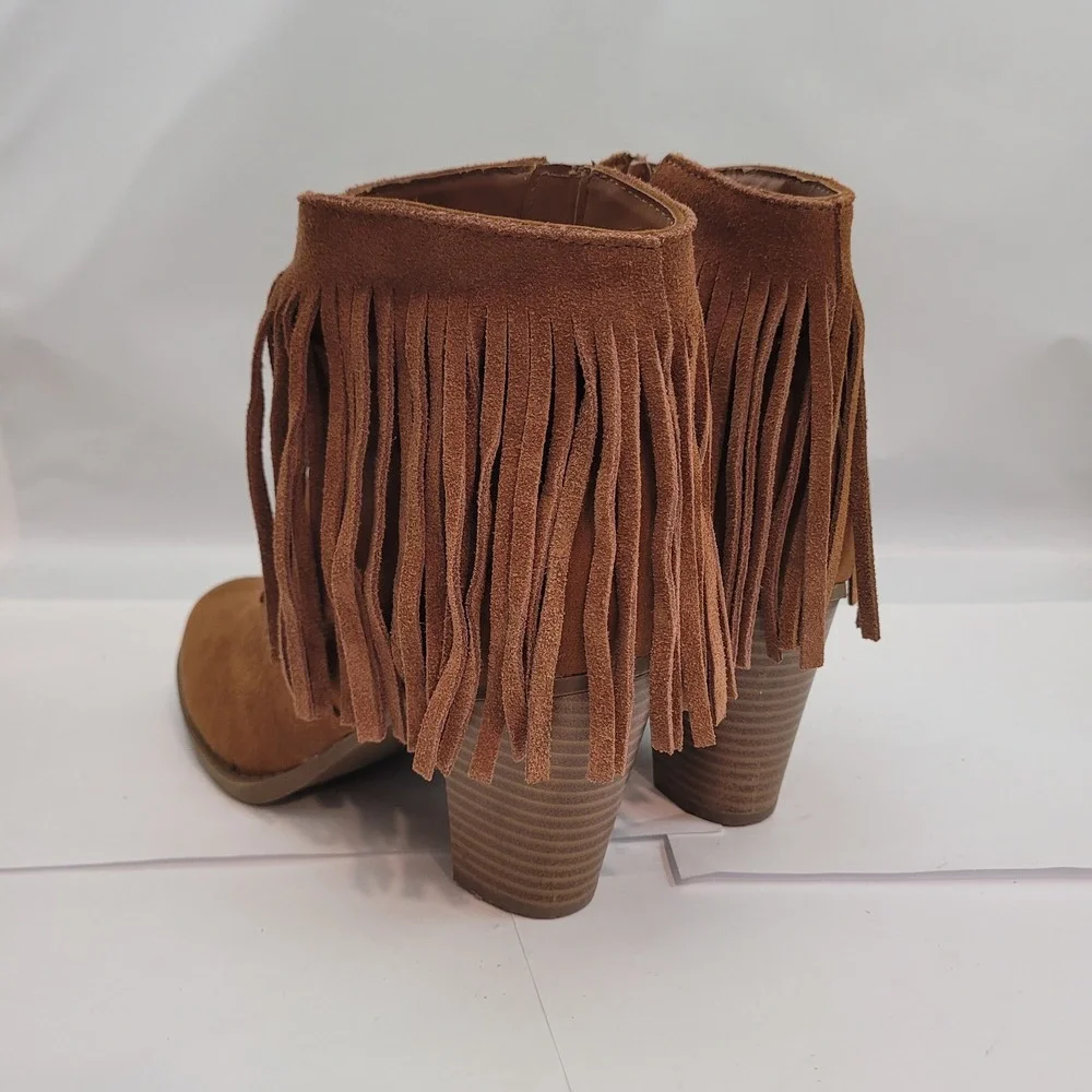 Target Fringe Ankle Boots Womens 6.5 Cognac Brown Leather Block Heel Booties